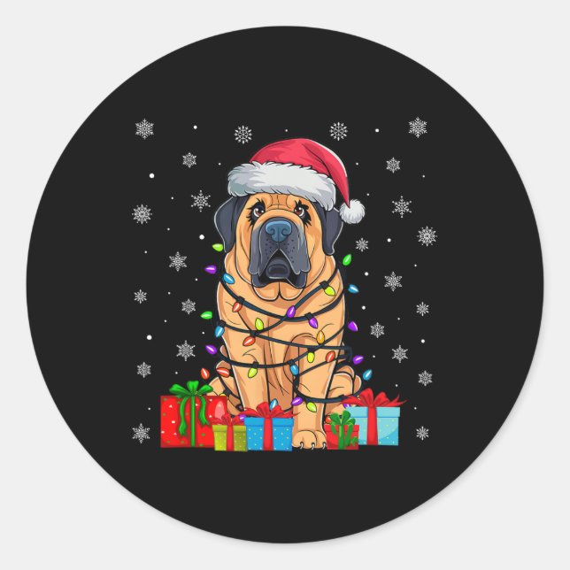 Sticker Rond Chien laide Noël éclaire le chapeau de Noël Tibéta (Devant)