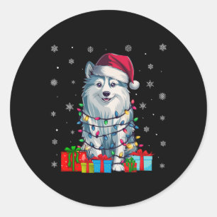 Sticker Rond Chien laide Noël éclaire Santa Hat American Eskimo