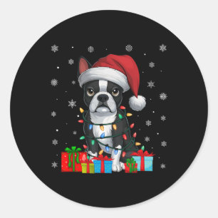 Sticker Rond Chien Lights Xmas moche Santa Hat Boston Terrier C