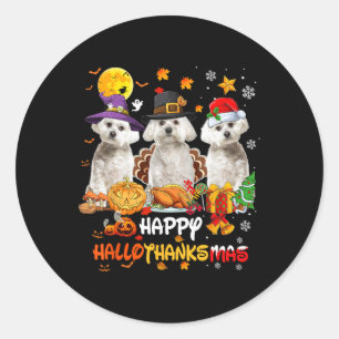 Sticker Rond Chien maltais Joyeux Halloween Thanksgiving Joyeux