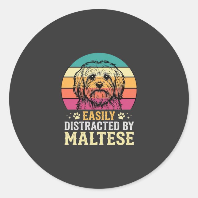 Sticker Rond Chien maltais rétro coucher de soleil distrait (Devant)