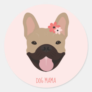 Sticker Rond Chien Mama Bulldogs français Fleurs souriantes ros