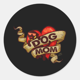 Sticker Rond Chien Maman Retro Tattoo Coeur