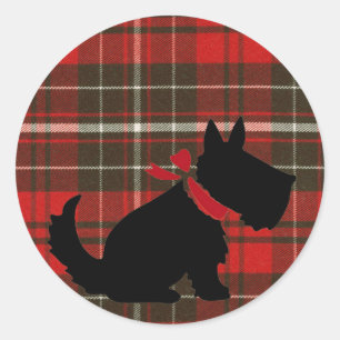 Sticker Rond Chien mignon de Scotty et tartan rouge