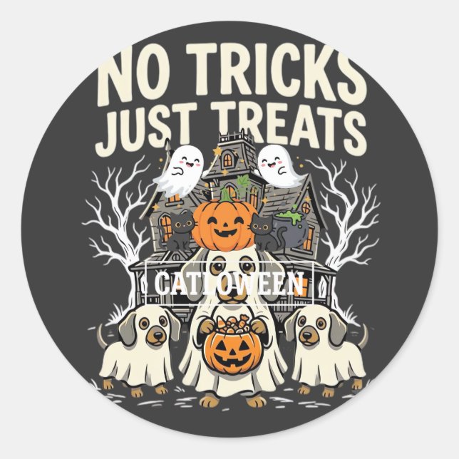 Sticker Rond Chien Mignon Halloween Pas de Farces Rien que des  (Devant)