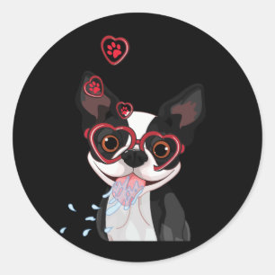 Sticker Rond Chien mignon Valentine Coeur Américain Boston Terr