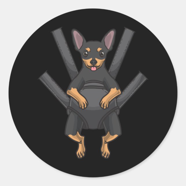 Sticker Rond Chien Miniature Pinscher Dans Un Transporteur (Devant)