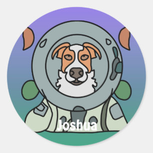 Sticker Rond Chien minimaliste astronaute dans l'espace Drôle