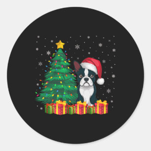Sticker Rond Chien moche Boston Terrier Santa Hat Noël Lumières