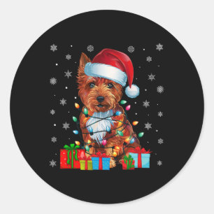Sticker Rond Chien Moche Noël Éclairage Santa Hat Cairn Terrier
