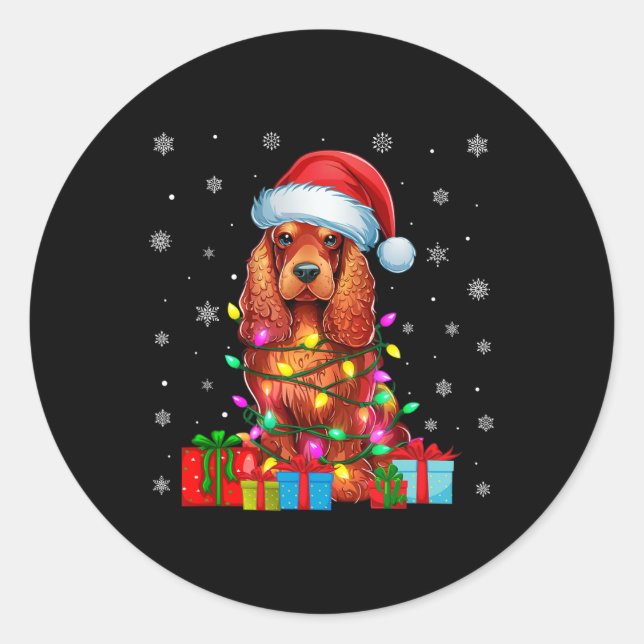 Sticker Rond Chien Moche Noël Éclairage Santa Hat Er Espagnol C (Devant)