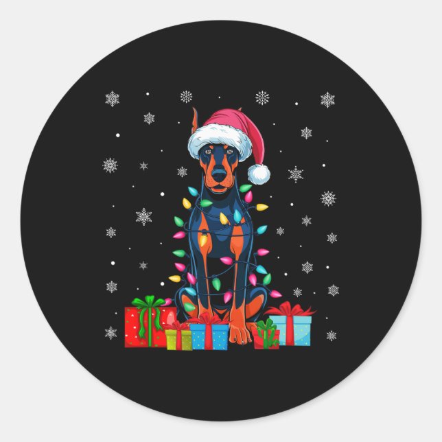 Sticker Rond Chien Moche Noël éclaire Père Noël Doberman Pinsch (Devant)