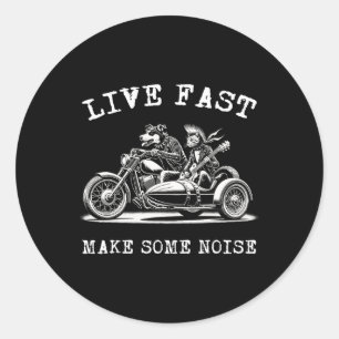 Sticker Rond Chien Monte Moto Et Chat Jouer Guitare Punk