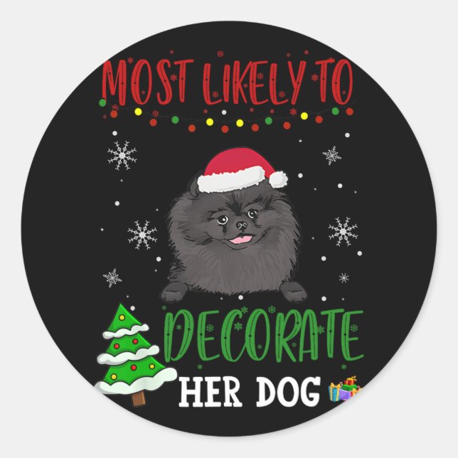Sticker Rond Chien Noir Poméranien Noël Les Plus Probables À Dé (Devant)