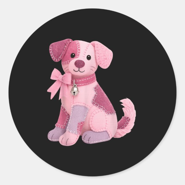 Sticker Rond Chien Patchwork Ruban Rose Sensibilisation au Canc (Devant)