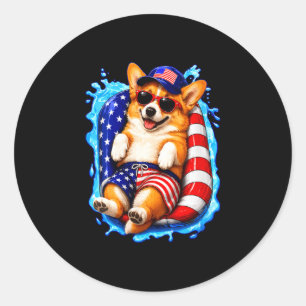 Sticker Rond Chien patriote corgi mignon de femme avec des lune