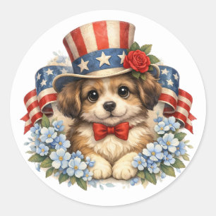 Sticker Rond Chien patriote rouge blanc bleu