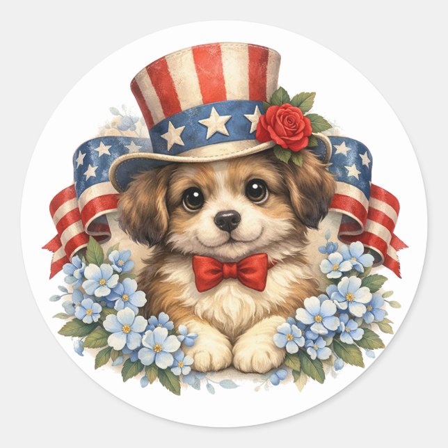 Sticker Rond Chien patriote rouge blanc bleu (Devant)