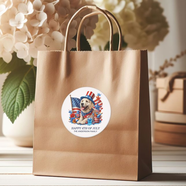 Sticker Rond Chien Patriotique Haut Chapeau Rouge Blanc Bleu Ét (Round patriotic 4th of July dog sticker)