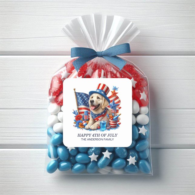 Sticker Rond Chien patriotique Top Hat Rouge Blanc Bleu Étoiles (Sticker-Patriotic dog in a red, white, and blue top hat with the American flag)