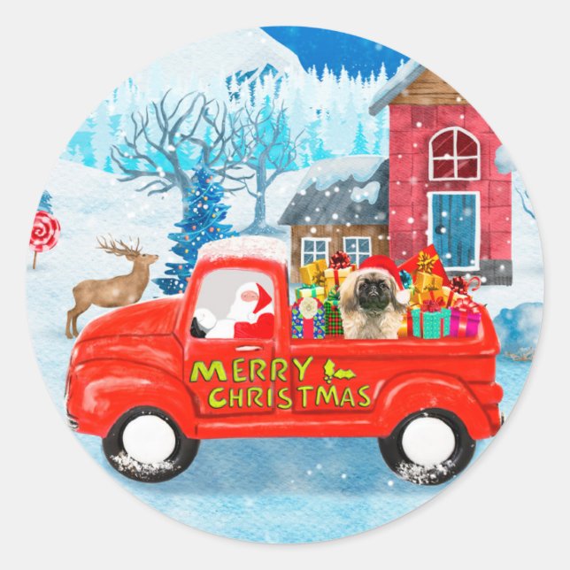 Sticker Rond Chien Pekingese Livraison de Noël Camion Neige (Devant)