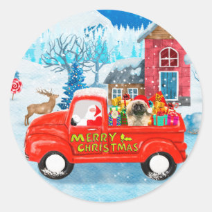 Sticker Rond Chien Pekingese Livraison de Noël Camion Neige