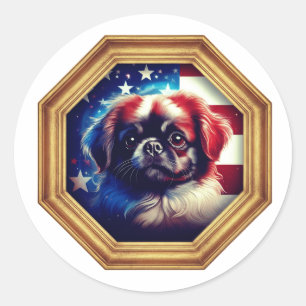 Sticker Rond Chien Pékinois Drapeau Américain Cadre Doré