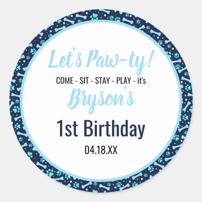 Sticker Rond Chien Personnalisé Anniversaire Bleu Empreinte de  (Devant)