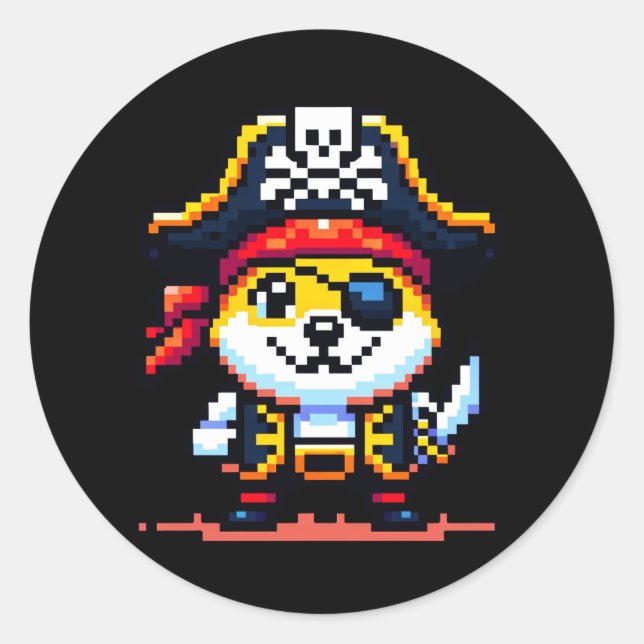 Sticker Rond Chien pirate - Drôle Pixel Art Aventure Design (Devant)