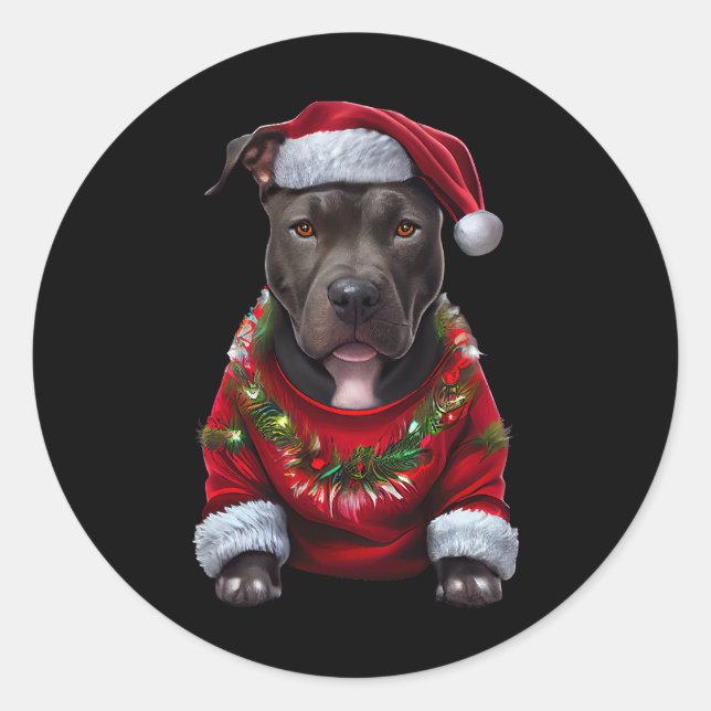 Sticker Rond Chien Pitbull de Noël portant des Noël Santas Casq (Devant)