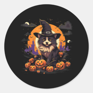 Sticker Rond Chien Pomsky Sorcière Halloween Effrayant