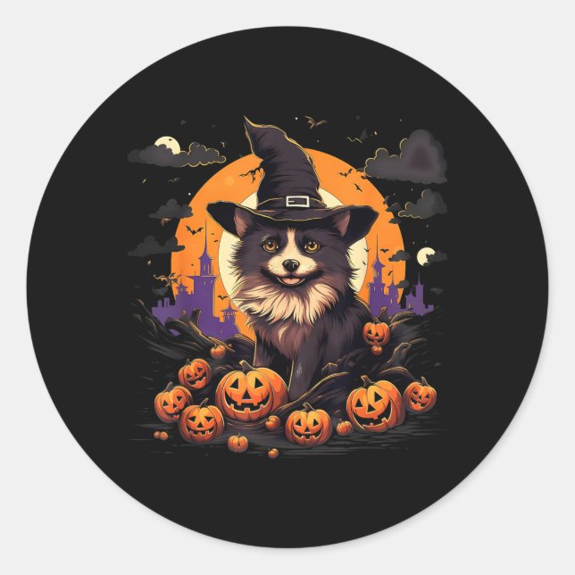 Sticker Rond Chien Pomsky Sorcière Halloween Effrayant (Devant)