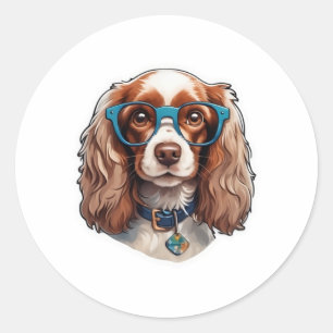 Sticker Rond Chien Puppy Pooch Cute Drôle Lunettes Etudiant