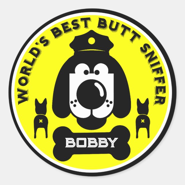 Sticker Rond Chien reniflé du cul du monde (Devant)