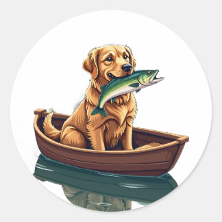 Sticker Rond Chien Retriever Doré Pêche Rétro - Chien de Pêche