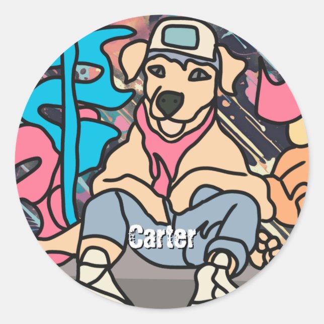 Sticker Rond Chien rétro de rue décontracté | Drôle (Devant)