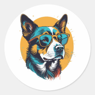 Sticker Rond Chien rétro portant des lunettes de soleil