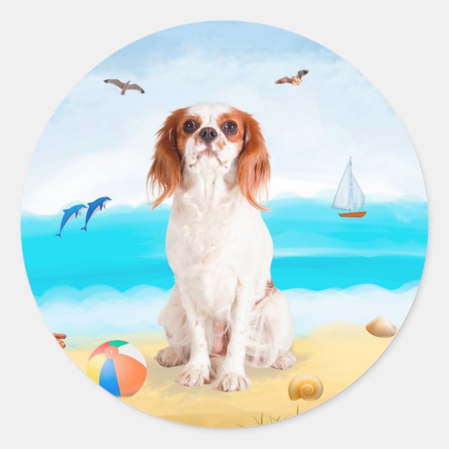 Sticker Rond Chien roi cavalier sur la plage (Devant)