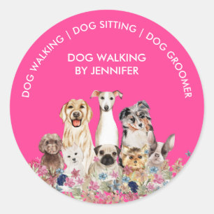 Sticker Rond Chien Rose Blanc Promeneur Toiletteur Animal
