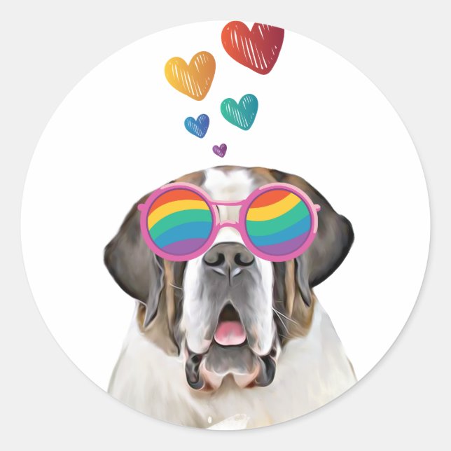 Sticker Rond Chien Saint-Bernard avec coeurs Saint-Valentin (Devant)
