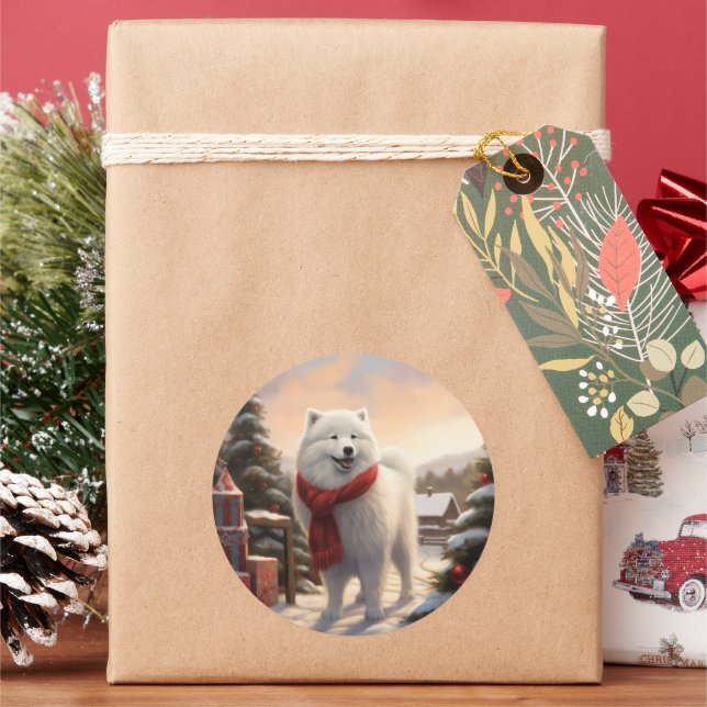 Sticker Rond Chien Samoyède dans la neige Noël  (vacances)
