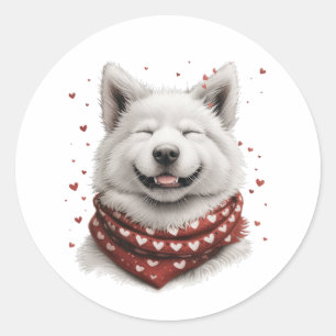 Sticker Rond Chien Samoyède de la Saint-Valentin