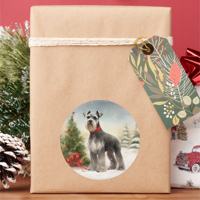 Sticker Rond Chien Schnauzer dans la neige de Noël (vacances)