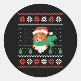 Sticker Rond Chien Sheltie de Noël avec chapeau de Père Noël Xm
