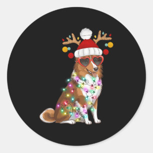 Sticker Rond Chien Sheltie Noël drôle Xmas Lumières Santa Desi