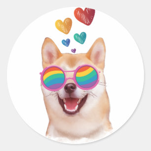 Sticker Rond Chien Shiba Inu avec coeurs Saint-Valentin