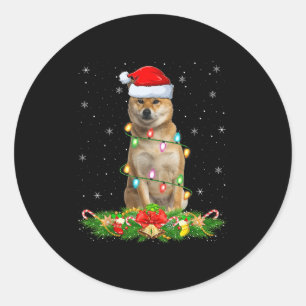 Sticker Rond Chien Shiba Inu Lumières de Noël Drôle de Chapeau