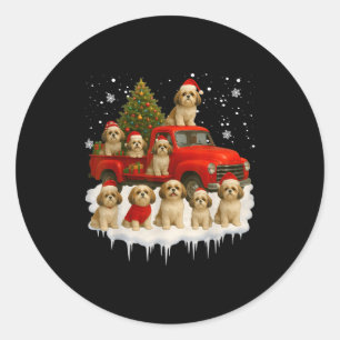 Sticker Rond Chien Shih Tzu Camion Rouge Arbre de Noël Père Noë