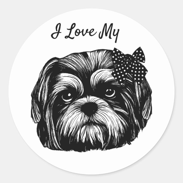 Sticker Rond Chien Shih Tzu chien avec pois de polka bow Art or (Devant)