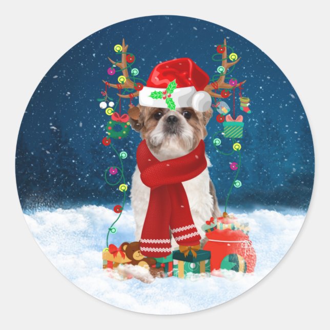 Sticker Rond Chien Shih Tzu en neige avec cadeaux de Noël (Devant)